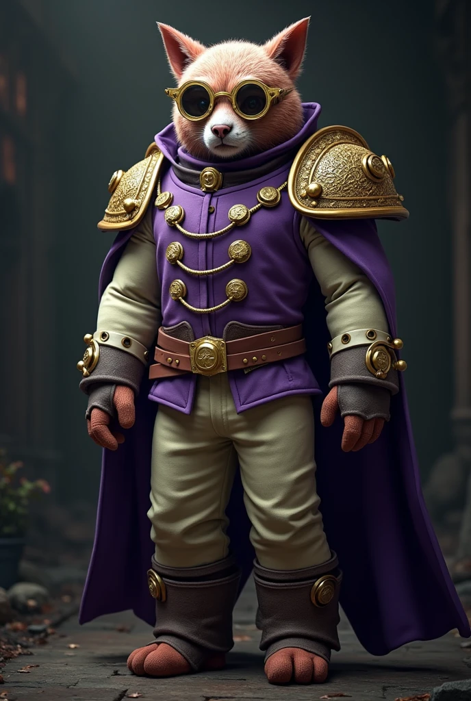 Minecraft warden wearing a shulker purple color vest with gold buttons, cream pants, and gold-rimmed artisan glasses