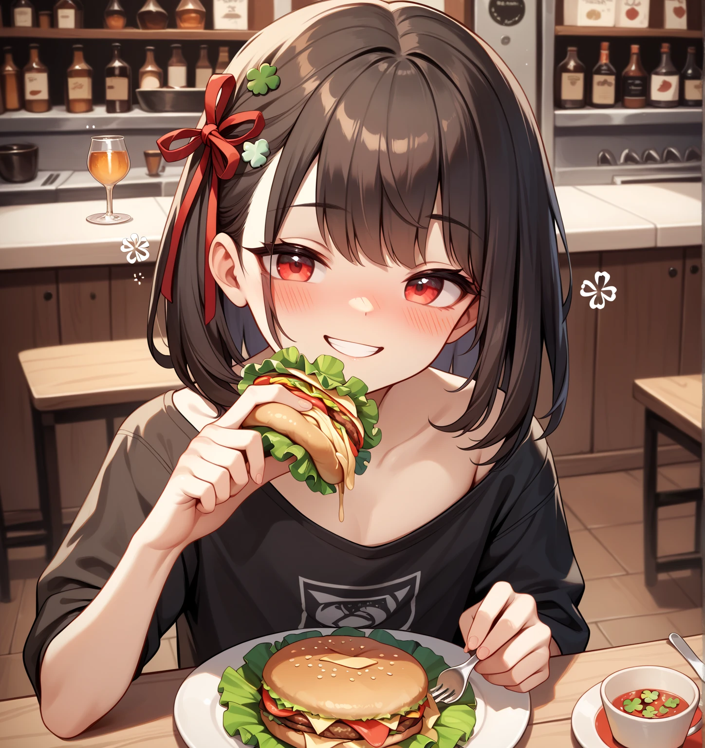  (8k), (  very detailed), (   best illustration  ), . flat chested。 black shirt 。 No glasses。
 big red ribbon barrette。 four-leaf clover in hair 。adult。Slightly brown black hair。Shima Rin,。 medium hair。Being drunk。smile。adult。Having a meal with me,feeding。Hamburger steak。