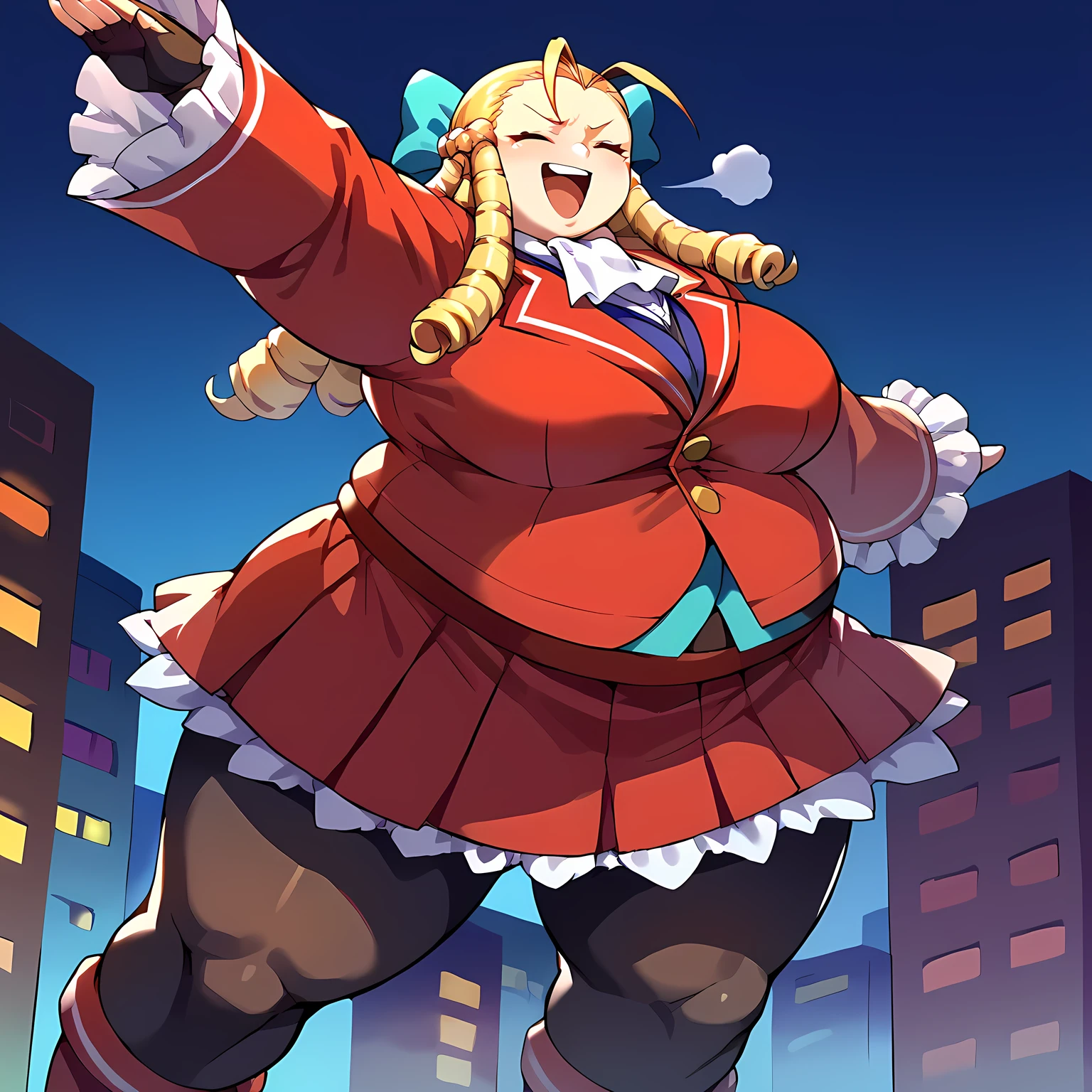 score_9, score_8_up, score_7_up, score_6_up, source_anime, BREAK 1girl, solo sfkarin, blonde hair, drill hair, hair bow, white ascot, red jacket, long sleeves, red skirt, frilled skirt, pantyhose, fingerless gloves, laughing, smug, closed eyes, hand to mouth, standing, red boots, city, night sky, night, ojou-sama pose, head thrown back fat, chubby, obese, gigantic arms and legs, large breasts open mouth, out of breath, close shot