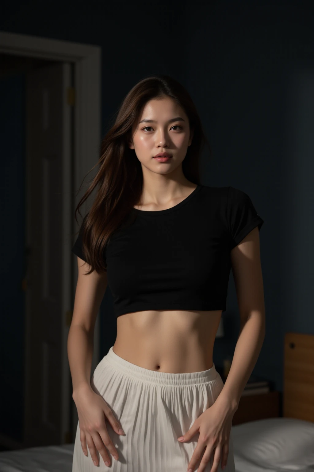 A masterpiece of realistic photography showcases a stunning young woman standing confidently with long brown hair flowing down her back. Her natural makeup accentuates her fit physique and natural breasts beneath a black T-shirt. A white pleated skirt falls just above her knees, framing her toned legs. Soft, professional lighting creates a cinematic ambiance, with iridescent highlights on her skin and subtle shadows adding depth to the scene. In the midst of a night time setting, a bedroom's dark tones are illuminated by a key light, casting a flattering glow on our subject as she stands strong in an ultra-detailed 8K UHD RAW photo.