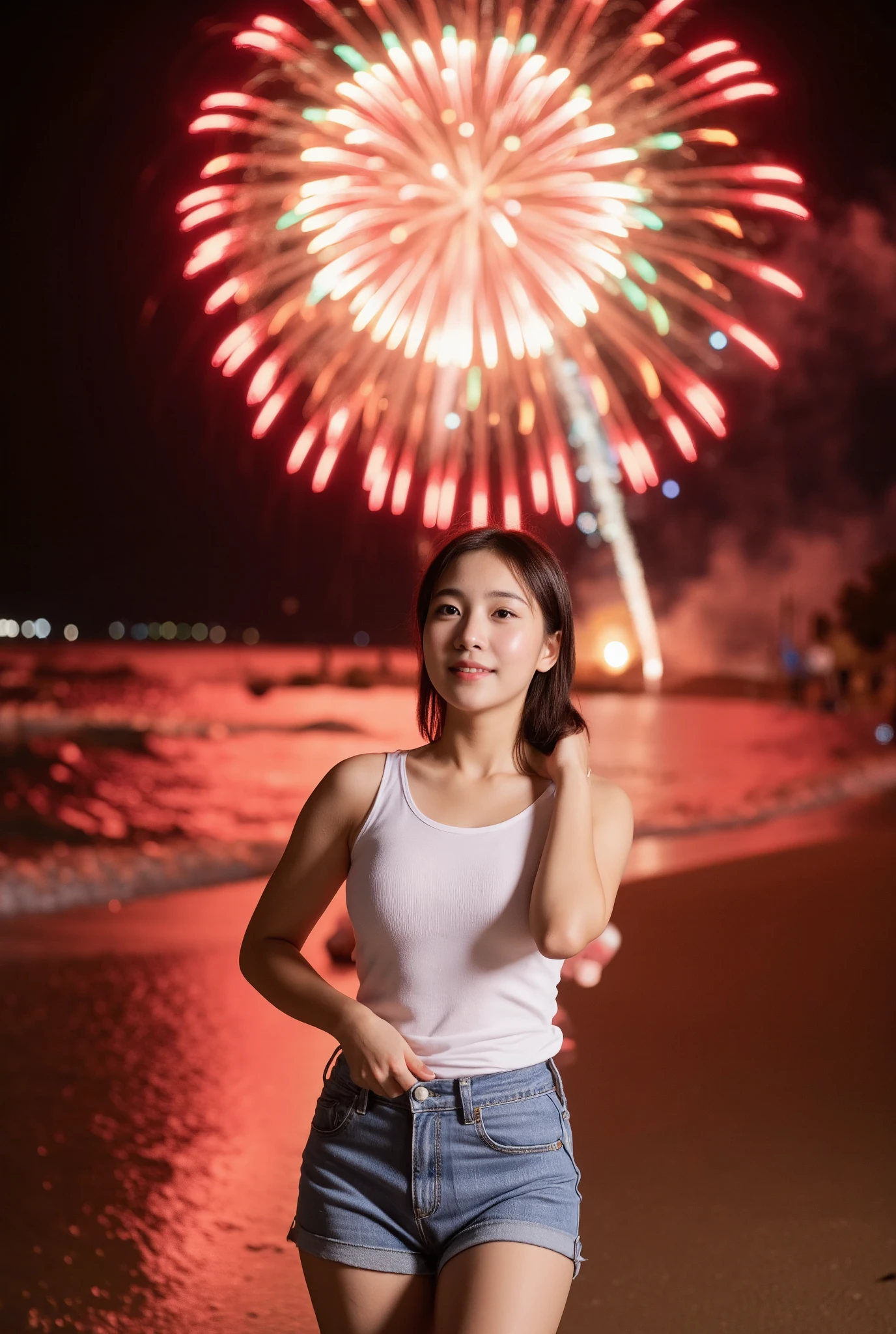 A beautiful young Thai girl, 18 years old, with fair skin and a slender figure, wearing a white tank top and short denim shorts, smiling and watching the fireworks display at the beach in Pattaya at night, the colorful fireworks lighting up the sky, a professional portrait photography