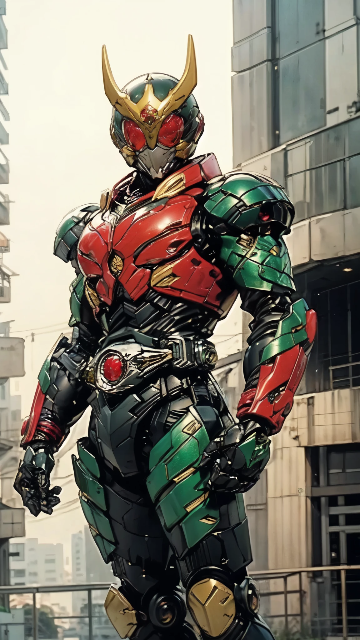 (masterpiece:1.5, best quality:1.5, extremely delicate:1.5), ((male:1.5)), a man wearing a full-face helmet, high-tech biomimetic armored combat suit, (a composite layered chest armor), the design balances heavy with agility, fully enclosed shoulder guards, matching arm and leg guards, a belt of gemstone, (the color scheme is primarily Red with Green and Yellow accents, Organic Biotech, Concept Inspired by Kamen Rider, glowing eyes, armor glows), stand of a futuristic sci-fi city, this character embodies a finely crafted fantasy-style armored hero in anime style, exquisite and mature art style, metallic, high definition, highres, ultra-detailed, ultra-fine painting, professional, perfect body proportions, golden ratio, anatomically correct, symmetrical face, extremely detailed eyes and face, high quality eyes, creativity, RAW photo, UHD, 32k, Natural light, cinematic lighting, (masterpiece-anatomy-perfect:1.2)