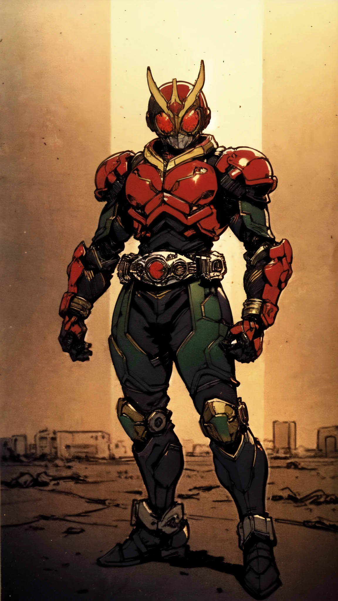 (masterpiece:1.5, best quality:1.5, extremely delicate:1.5), ((male:1.5)), a man wearing a full-face helmet, high-tech biomimetic armored combat suit, (a composite layered chest armor), the design balances heavy with agility, fully enclosed shoulder guards, matching arm and leg guards, a belt of gemstone, (the color scheme is primarily Red with Green and Yellow accents, Organic Biotech, Concept Inspired by Kamen Rider, glowing eyes, armor glows), stand of a futuristic sci-fi city, this character embodies a finely crafted fantasy-style armored hero in anime style, exquisite and mature art style, metallic, high definition, highres, ultra-detailed, ultra-fine painting, professional, perfect body proportions, golden ratio, anatomically correct, symmetrical face, extremely detailed eyes and face, high quality eyes, creativity, RAW photo, UHD, 32k, Natural light, cinematic lighting, (masterpiece-anatomy-perfect:1.2)