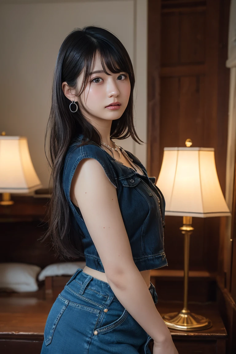 (1girl), Russian, 独奏, long_hair, wearing(denim-strapless-shirt, white-miniskirt), photo(long-shot), portrait, standing, ass pov, blurry_background, background(night, tower, rooftop, nightlight), (photorealistic, absurdres, Best_quality:1.55),sitting、train