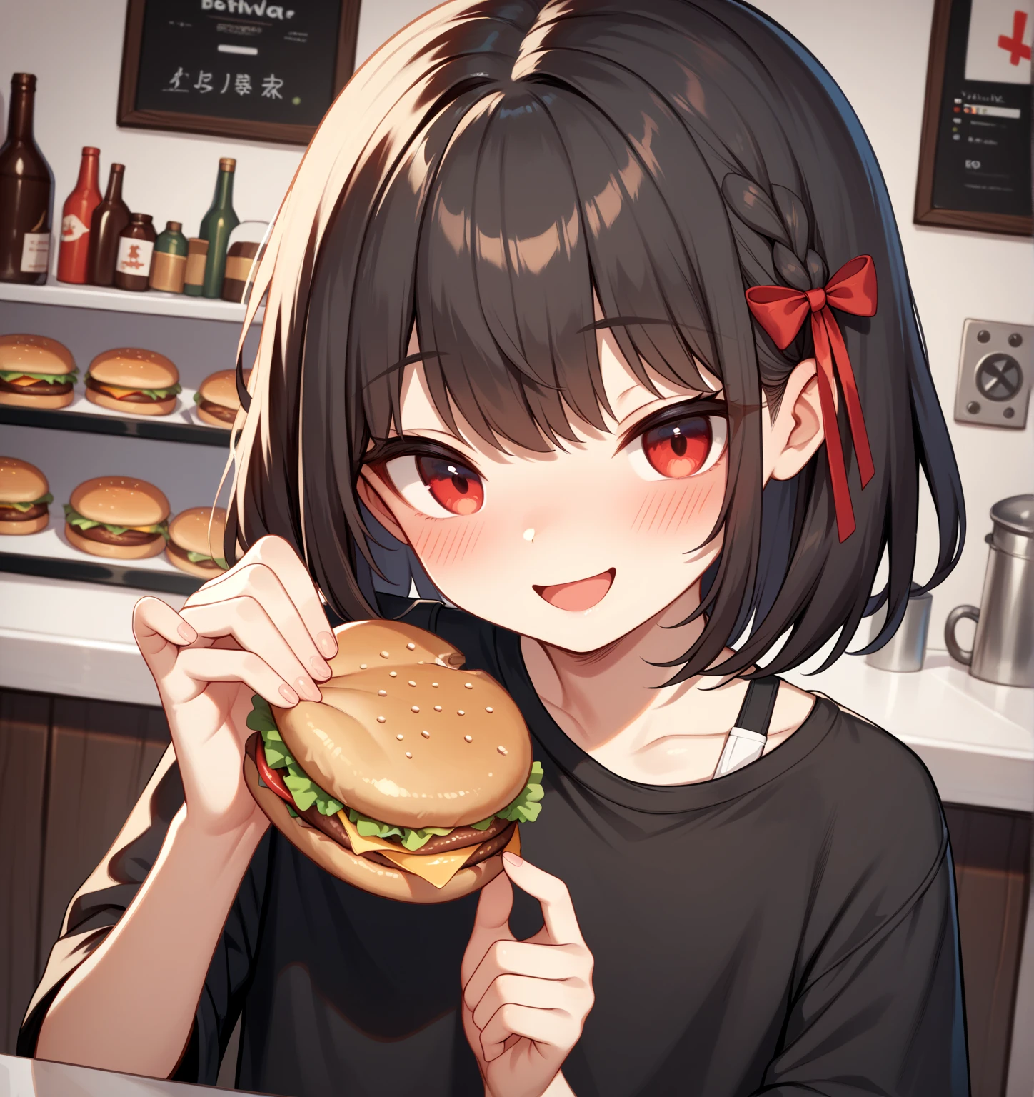  (8k), (  very detailed), (   best illustration  ), . flat chested。 black shirt 。 No glasses。
 big red ribbon barrette。 four-leaf clover in hair 。adult。Slightly brown black hair。Shima Rin,。 medium hair。Being drunk。smile。adult。Having a meal with me,feeding。Hamburger steak。 detailed mechanism 。
