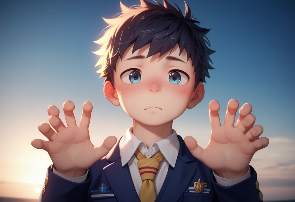 Two handsome cute kiid little young boy 5yr,blush,messy short hair,from front close up,in place to change school clothes,kiid face,wearing uniform,they join hands,fullbody,hd,4k,8k,dynamics lighting,perfect lighting,realistic,behind background a peoples