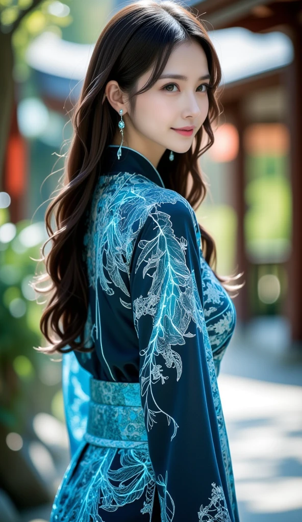 An elegant East Asian woman standing gracefully in a traditional kimono-inspired outfit with luminous Gothic-style lace patterns, featuring inverted colors and glowing blue lines that create a mesmerizing effect. Her attire showcases inverted outlines, glowing and shining details that highlight the intricate craftsmanship of the design. Her pose is poised, with her body slightly turned to the side, and her long, flowing hair gently moved by the breeze. The composition focuses entirely on her as the singular subject, ensuring a captivating and elegant presentation. She stands in an outdoor setting resembling a Japanese temple garden, with traditional architecture and natural surroundings that complement her glowing attire. Her calm, expressive face is softly illuminated by the glowing and shining lace patterns, creating a harmonious blend of tradition and futuristic elegance.