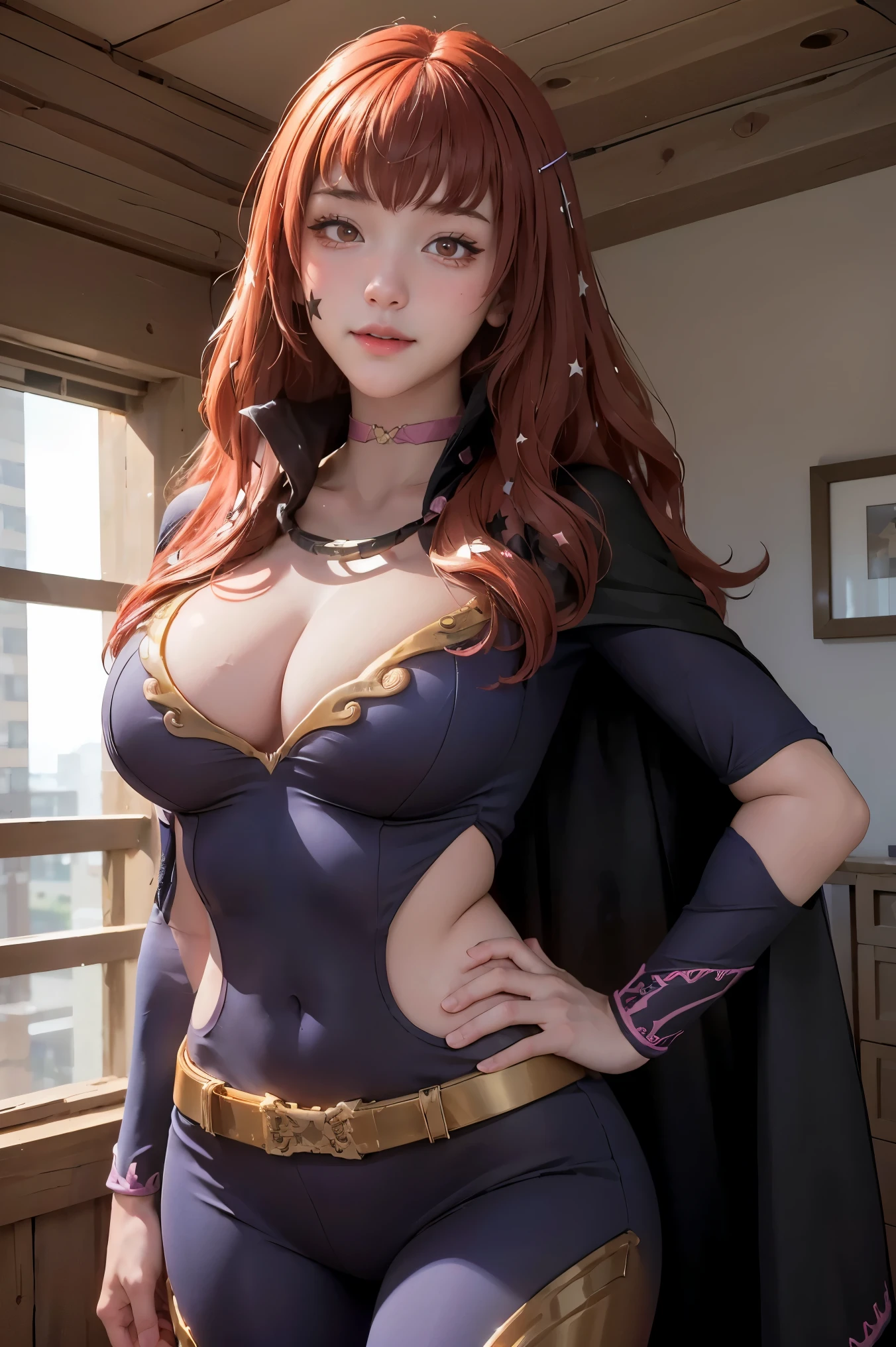 (masterpiece, best quality:1.2), cowboy shot, solo, 1girl, yunaka, looking at viewer, hand on hip, star hair ornament,  bodysuit, cape, belt, choker, cleavage, smile, casa dieselpunk , vibrant, photorealistic, realistic, dramatic, dark, sharp focus, 8k, 1girl, 