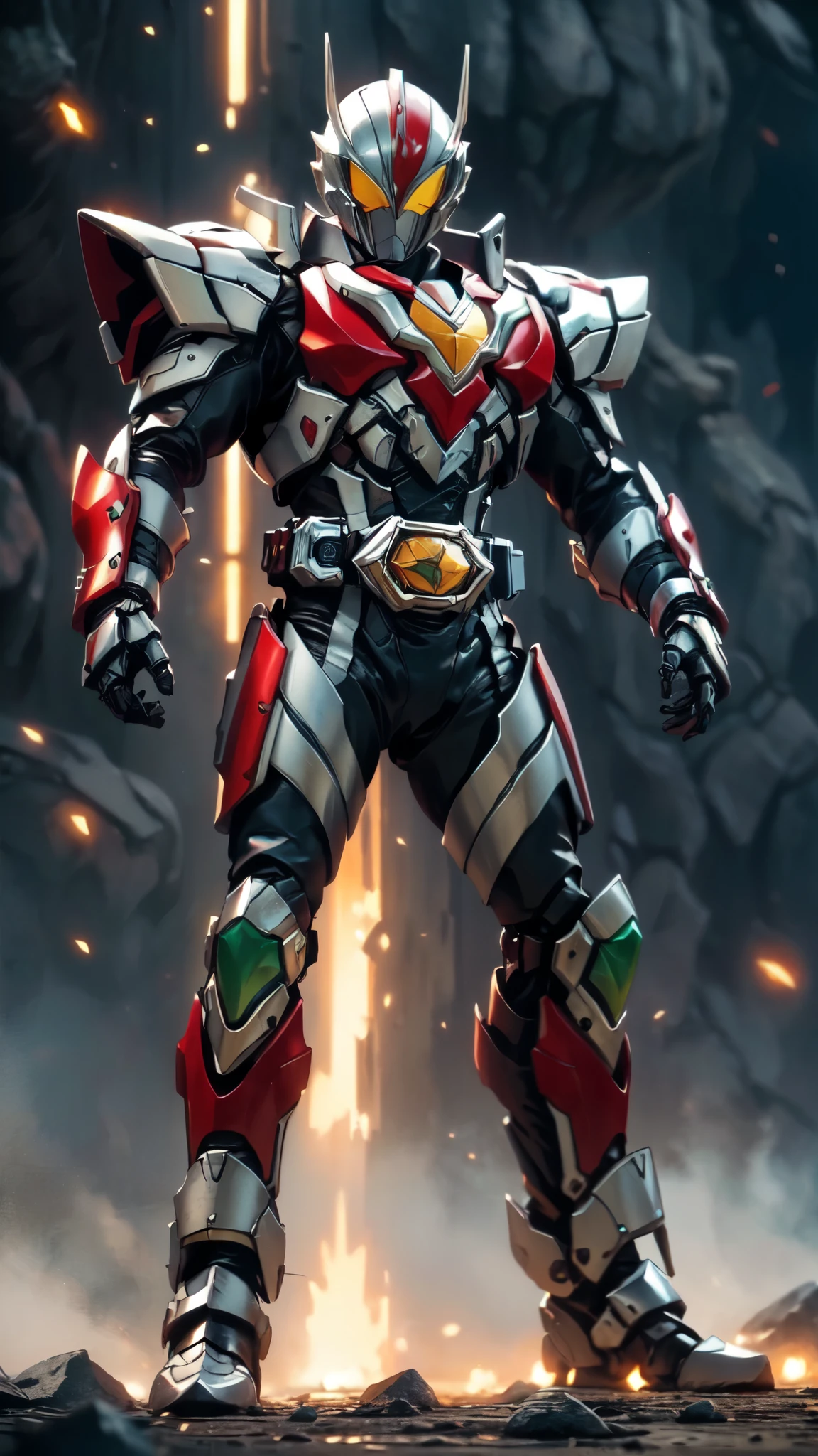 (masterpiece:1.5, best quality:1.5, extremely delicate:1.5), ((male:1.5)), a man wearing a full-face helmet, high-tech biomimetic armored combat suit, (a composite layered chest armor), the design balances heavy with agility, fully enclosed shoulder guards, matching arm and leg guards, a belt of gemstone, (the color scheme is primarily Red with Green and Yellow accents, Organic Biotech, Concept Inspired by Kamen Rider, glowing eyes, armor glows), stand of a futuristic sci-fi city, this character embodies a finely crafted fantasy-style armored hero in anime style, exquisite and mature art style, metallic, high definition, highres, ultra-detailed, ultra-fine painting, professional, perfect body proportions, golden ratio, anatomically correct, symmetrical face, extremely detailed eyes and face, high quality eyes, creativity, RAW photo, UHD, 32k, Natural light, cinematic lighting, (masterpiece-anatomy-perfect:1.2)