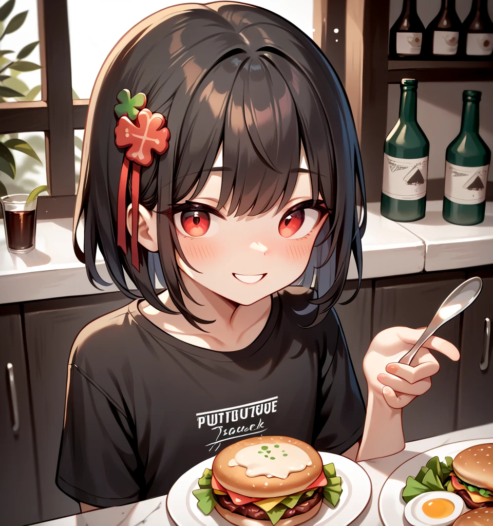  (8k), (  very detailed), (   best illustration  ), . flat chested。 black shirt 。 No glasses。
 big red ribbon barrette。 four-leaf clover in hair 。adult。Slightly brown black hair。Shima Rin,。 medium hair。Being drunk。smile。adult。Having a meal with me,feeding。Hamburger steak。