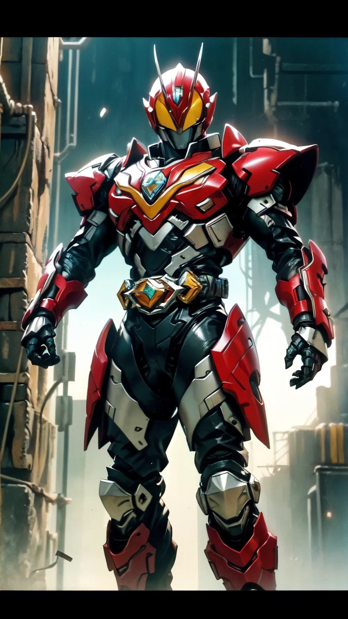 (masterpiece:1.5, best quality:1.5, extremely delicate:1.5), ((male:1.5)), a man wearing a full-face helmet, high-tech biomimetic armored combat suit, (a composite layered chest armor), the design balances heavy with agility, fully enclosed shoulder guards, matching arm and leg guards, a belt of gemstone, (the color scheme is primarily Red with Green and Yellow accents, Organic Biotech, Concept Inspired by Kamen Rider, glowing eyes, armor glows), stand of a futuristic sci-fi city, this character embodies a finely crafted fantasy-style armored hero in anime style, exquisite and mature art style, metallic, high definition, highres, ultra-detailed, ultra-fine painting, professional, perfect body proportions, golden ratio, anatomically correct, symmetrical face, extremely detailed eyes and face, high quality eyes, creativity, RAW photo, UHD, 32k, Natural light, cinematic lighting, (masterpiece-anatomy-perfect:1.2)