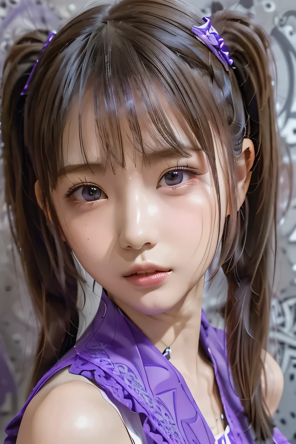 ( emphasis composition with foreground and background)、(Low Contrast:1.3)、(masterpiece、 best quality、 Super detailed description、 super high resolution)、(Face Shot:1.3)、 girl、solo、 slim、 slender 、cute、 idol face、(gray and purple zentangle costume)、low twintails、(kawaii punk:1.2)、(( concrete background ))