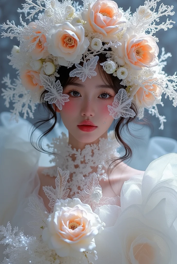 a woman wearing a white dress and flower crown, ethereal steampunk, flower queen, girl with a floral headdress, flowery goddess, girl with a lotus flower crown, CG society, friendly cyborg girl with flowers, frozen flowers surrounding her, floral headdress, (best quality,4k,8k,highres,masterpiece:1.2),ultra-detailed,(realistic,photorealistic,photo-realistic:1.37),intricate details, romantic, highly detailed, cinematic lighting, dramatic colors, oil painting, fantasy, elegant, serene