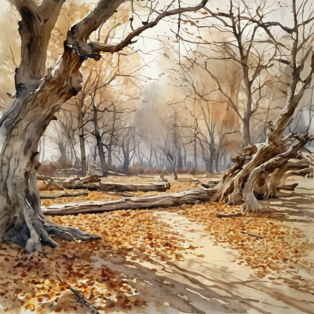 Super detailed, 8k, park landscape with dead trees, watercolor, dry brush technique, rustic beauty of trunks and branches of dead trees: 1.3, artistic, fallen leaves fluttering in the wind, masterpiece