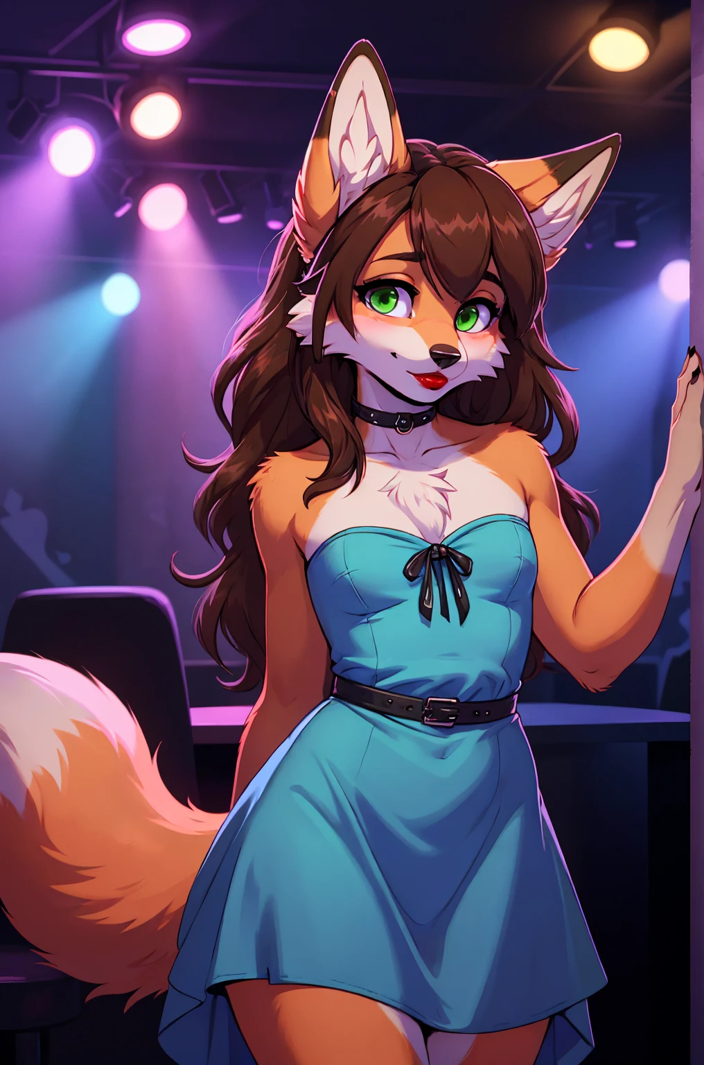 Best quality, furry male fox with green eyes, with brown long hair, with black spout, with red lipstick on lips, big lips, in a blue dress, crossdressing, shy, choker on the neck, off-the-shoulder dress, flirts, sexy pose, portrait, against the backdrop of an empty nightclub