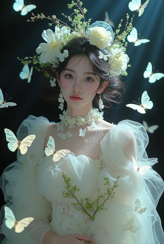 A beautiful girl in a flowing sheer dress, wearing a flower crown, surrounded by glowing butterflies, with a beam of light shining down, high quality detailed portrait, realistic, photorealistic, ultra-detailed, 8k, sharp focus, physically-based rendering, vivid colors, dramatic lighting