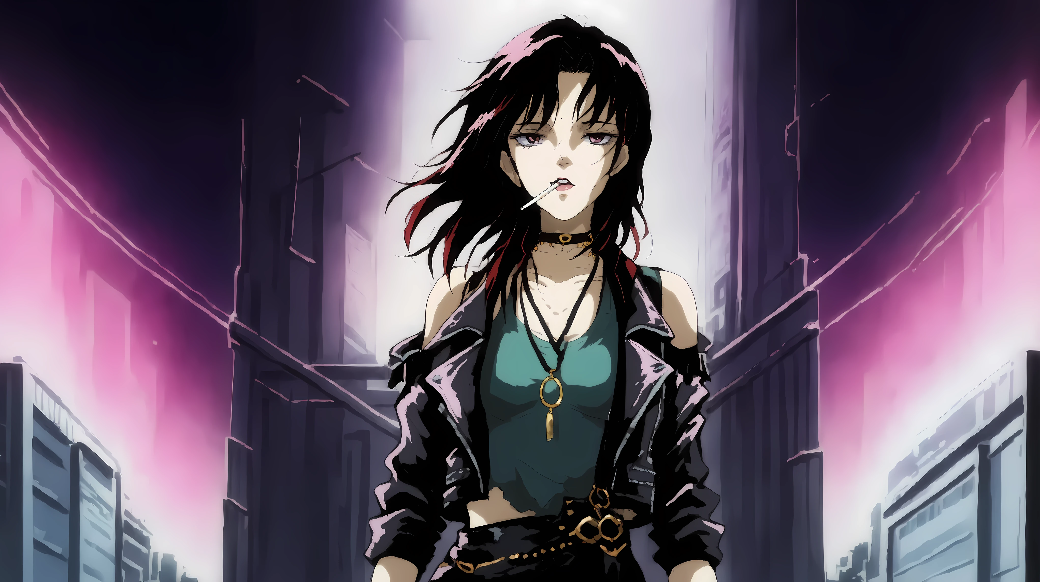 90's dark anime punk girl with aviators and long dark hair. A urban city in the background illuminates her. She wears a leather jacket over a green tank top and a choker necklace. She leans against a pillar with a cigarette in her mouth. There is an overall purple bluish tint to the scene and is zoomed out to show her and the city backdrop.