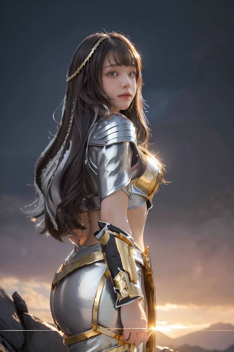 ((masterpiece, best quality, extremely detailed), volumetric lighting, ambient occlusion, colorful, glowing), 1girl, solo, young girl, (dark hair), long hair, halo, aura, sacred, goddess, cleric suit, (silver outfit with gold detailst:1.3), armor, outdoors, sunset, sky, clouds, space, (fantasy theme:1.2),