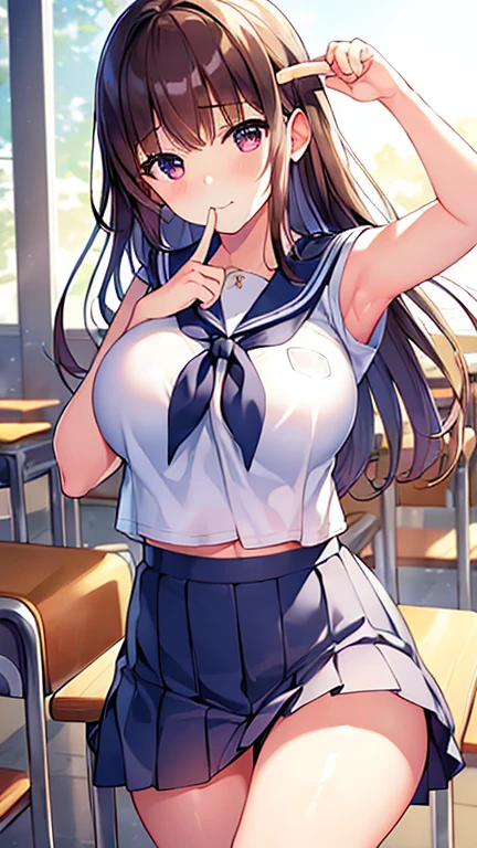 (best quality、8K、32k、masterpiece、north african trade zone、ultra high resolution、Impressionism、Photo realism:1.2)、big breasts、Cowboy shooting, Detailed face and eyes、 inside the classroom、School、Sunset、pretty face、blurred background、 beautiful girl、shiny skin、Hair raised halfway up、beautiful brown hair、dull bangs、brown eyes、(close one eye、Place your index finger to your mouth:1.2)、Sailor suit、pleated mini skirt、curve、(lift up skirt、i can see your pants:1.2)、thigh thigh thigh、(Navel exposed:0.4)、dynamic poses