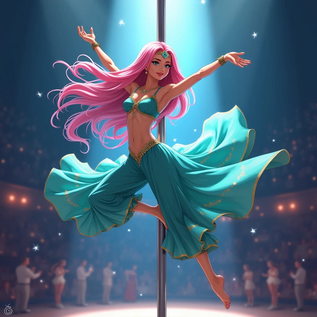 (prshltn)(best quality,4k,highres),belly dancer,detailed flowing sheer colorful silks,lovely woman,mesmerizing sensual dance,stage,USO show,vibrant colors,dynamic movement,expressive eyes,intricate jewelry,fascinating facial expression,long flowing hair,graceful gestures,energetic performance,enthralling atmosphere,upbeat music,enchanting atmosphere,resplendent costumes,engaging audience connection,electrifying presence,vivid visual spectacle,fluid body movements,endless elegance,flawless execution,passionate performance,transfixing mood,captivating aura,magical ambiance,heartwarming energy,beauty in motion,endless charms,exquisite choreography,spellbinding grace,seductive allure,hypnotic rhythm,mesmerizing grace,alluring stage presence,enchanted viewership,lively atmosphere,dreamlike ambiance,irresistible charisma,enthralling stage persona