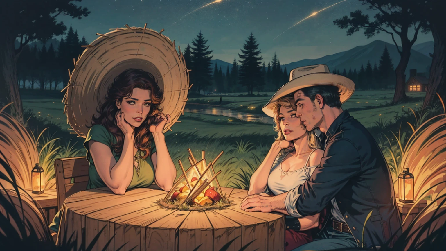 masterpiece, a romantic evening scene with a man wear a cowboy hat playing a telecaster electric guitar and a woman resting her head on his shoulder . The backdrop in the evening with twinkling lights, and the couple is surrounded by nature and a pile of straw,haystack
