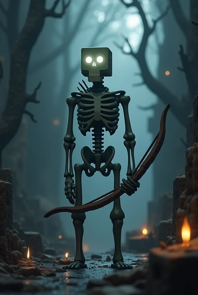 Photorealistic、Cute horror fantasy、(dead tree:1.3), in the forest,shadow　the cardboard(Bat,Skeleton)、Skeletonがギターの練習
