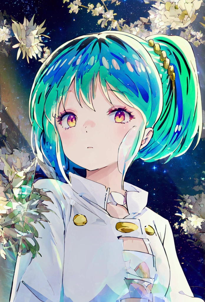 ( best quality, masterpiece,  super high resolution,  super detailed:1.2) ,( ONE GIRL ),(((Busty))),beautiful green hair,Bun Hair,I'm wearing a warm white coat, sky full of stars, are opening their mouths,Pull out the choki with Rock Paper Scissors,motion blur,