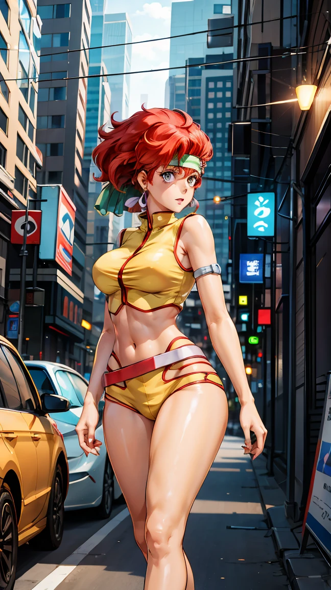 Kei from The Dirty Pair, , wearing a tight outfit, skimpy, medium breast, red hair beauty, cyberpunk city background, holding retro space-gun, headband, slim waist, slim thighs, thigh gap, show belly, light yellow uniform, skinny, slender hips