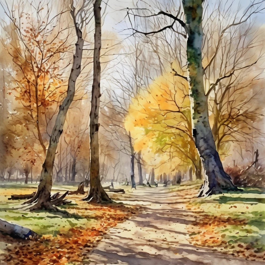 Super detailed, 8k, park landscape with dead trees, watercolor, dry brush technique, beauty of trunks and branches of dead trees: 1.3, artistic, colorful falling leaves fluttering in the wind, perfect composition, masterpiece