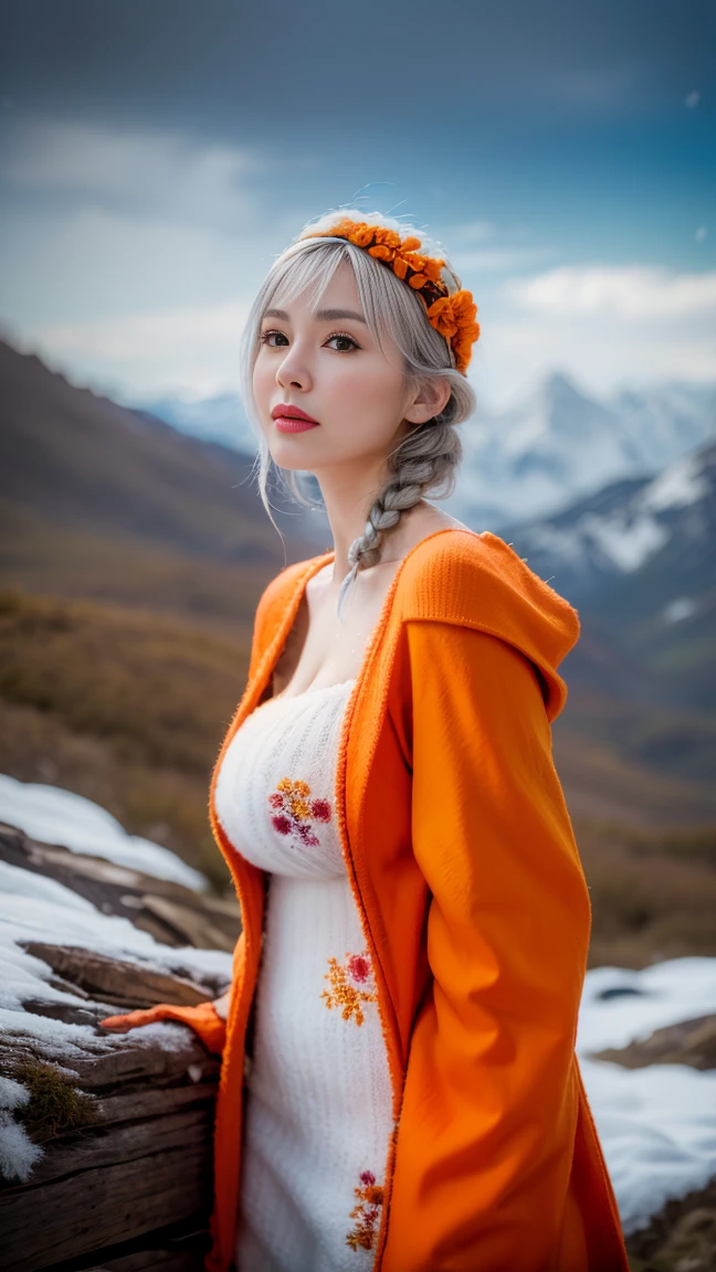 ,(3D Realistic Photography:1.3),(Make the subject look three-dimensional with the contrast of light and shadow),(((With the sunset in the background))),(((Winter snowy mountain climbing scenery:1.3))),cute and beautiful adult woman,Cute round face,Cute smile,with blush cheeks,Red Lip,(((Orange Open Short Duffle Coat:1.3))),(((Off-white off-shoulder sweater dress:1.3))),Knitted hats,long boots,gloves,(silver white hair,Floral braided headband,half up、Floral Braided Space Van,Voluminous Fishtail Braids,Twisted chignon,),(Bangs are see-through bangs),hair pin,hair adornments,(((Emphasize large breasts:1.3))),breast slip,detailed clothes features,Detailed hair features,detailed facial features,(Dynamic angles),(Dynamic and sexy poses),profetional lighting,Cinematic Light,(masutepiece,top-quality,Ultra-high resolution output image,) ,(The 8k quality,depth of fields,Anatomically accurate facial structure,),(Sea Art 2 Mode:1.3),(Image Mode Ultra HD,)