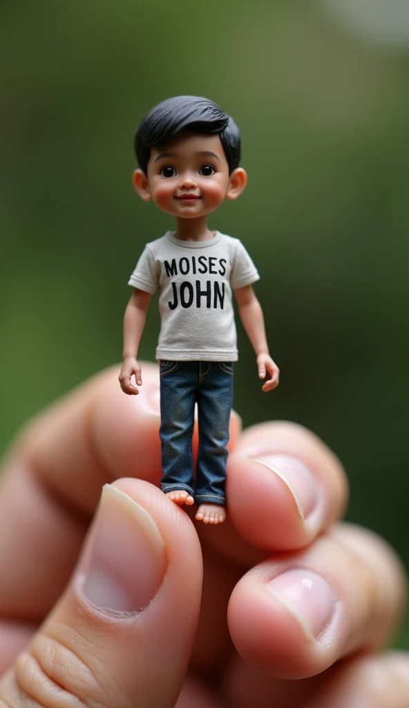Make a caricature of a big-headed, small-headed student. man wearing a formula shirt Stand with your hands forward to make a wish.