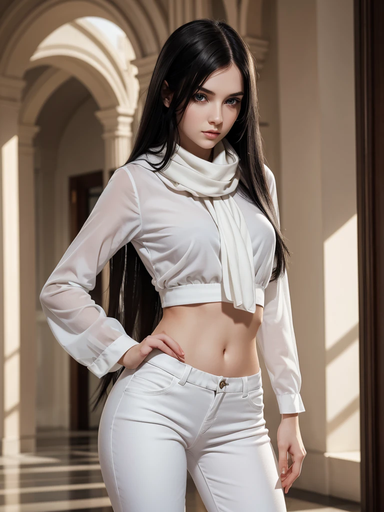 (best quality), 1girl, female, pale skin, (black hair), long hair, straight hair, grey eyes, perfect eyes, white halterneck, flared pants, thin scarf, rich girl, stylish, elegant, serious, masterpiece, anatomically correct, highres
