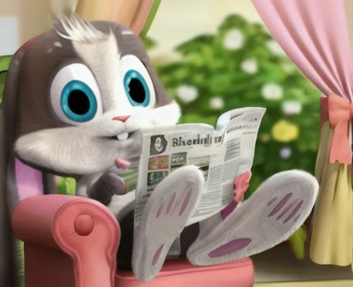 Rabbit reading a newspaper on an armchair 