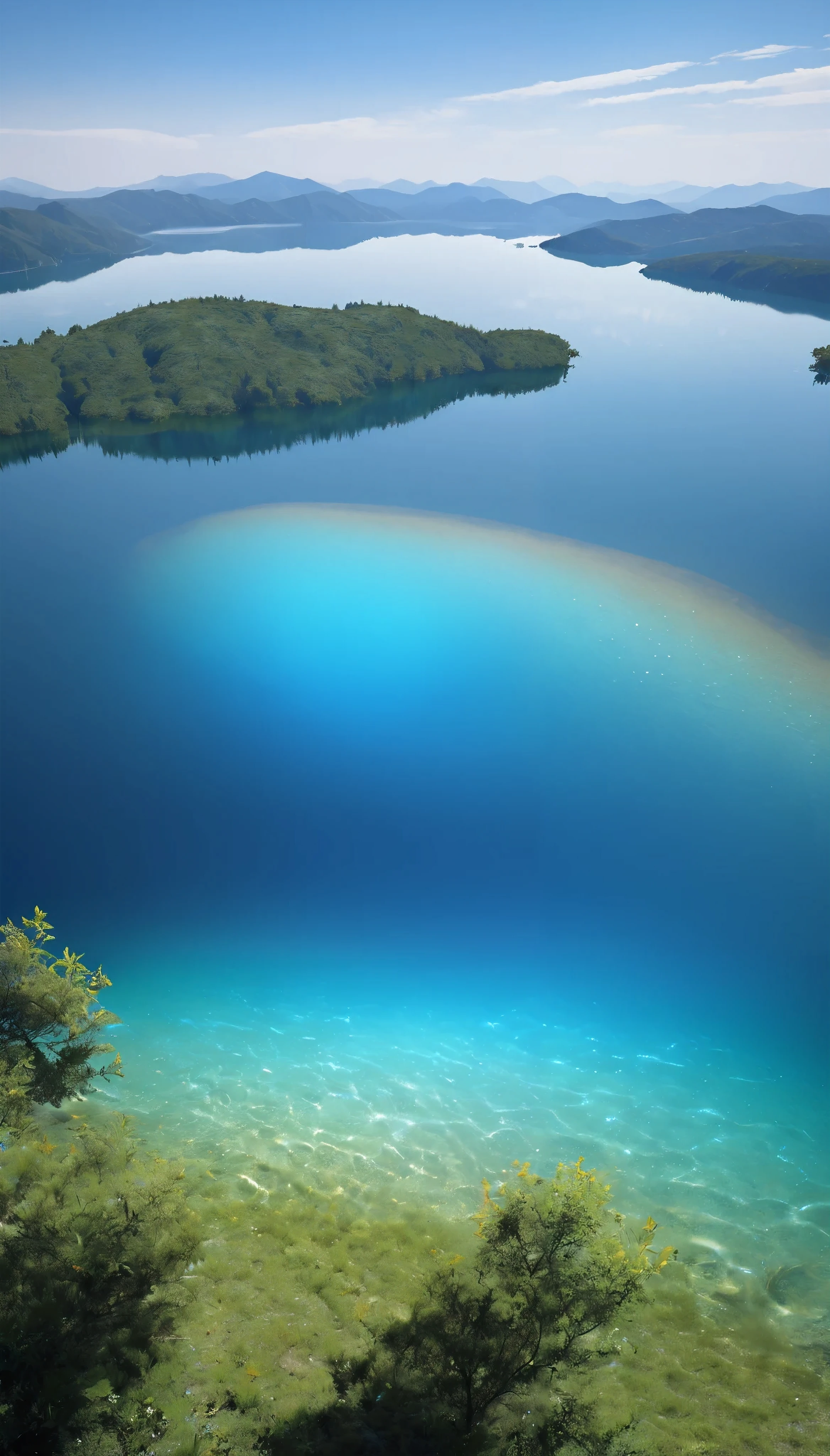 Lake of Silence , silence, The sound of the lake,  horizon , The State of Nothingness,  minimalism, Lake atmosphere,  photographic super transmission treatment , Feel the bottom of the water ,  The vivid scenery colored by sunlight enhances the serenity of the lake, A clear blue heart is projected onto the bottom of the water, Exquisite Aesthetics , Super Retina, full color, ultra fine quality, hires, high-detailed