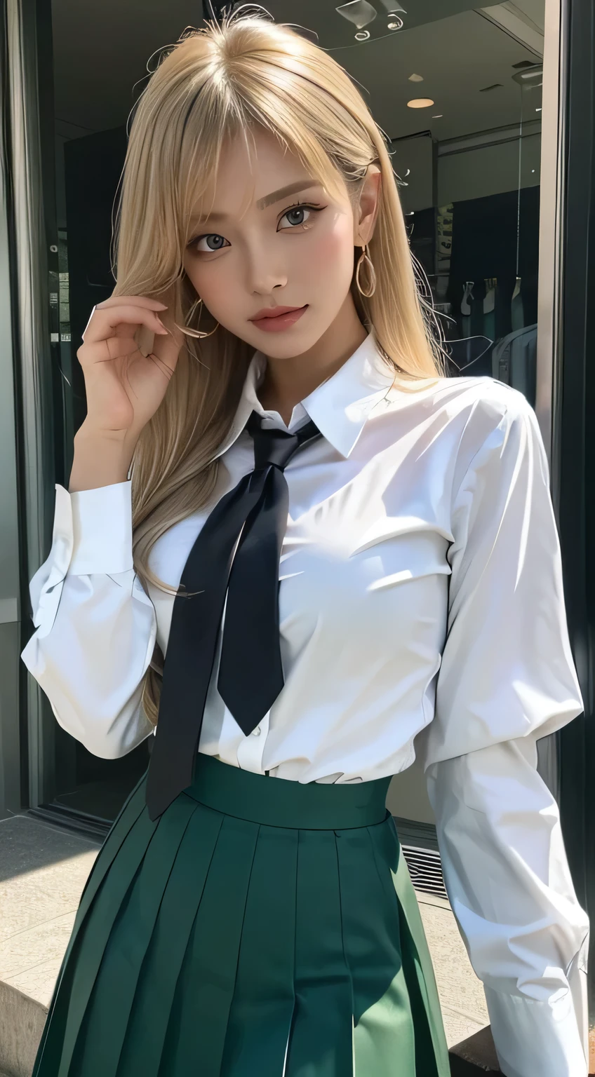 best quality、16K high resolution、Ultra Detailed、masterpiece、Live shooting、Practical:1.4、Surrealism:1.4、Clear focus、Very delicate and beautiful、nitty gritty、1 female、(European:1.2)、(Blonde)、(Spread your legs:1.3)、(no panties:1.3)、(National Foundation:1.1)、 (Sitting at the table)、(Super beautiful)、(Pretty Face:1.5)、(Ponytail, stocking)、(Delicate face)、(beautiful eyes)、Perfect round eyes、(Delicate lips)、Lipstick、(Eyeliner)、mascara、Eyeshadow、(Military Green Pencil Skirt,)、White shirt、Green suit, tie、In NSFW