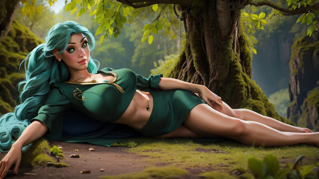 ((masterpiece, ultra details, 8k resolution, full body visible)), solo female elfe, saqutting, back on a tree, looking at the viewer, grab her breast, green dress ( belly uncover), high heel,