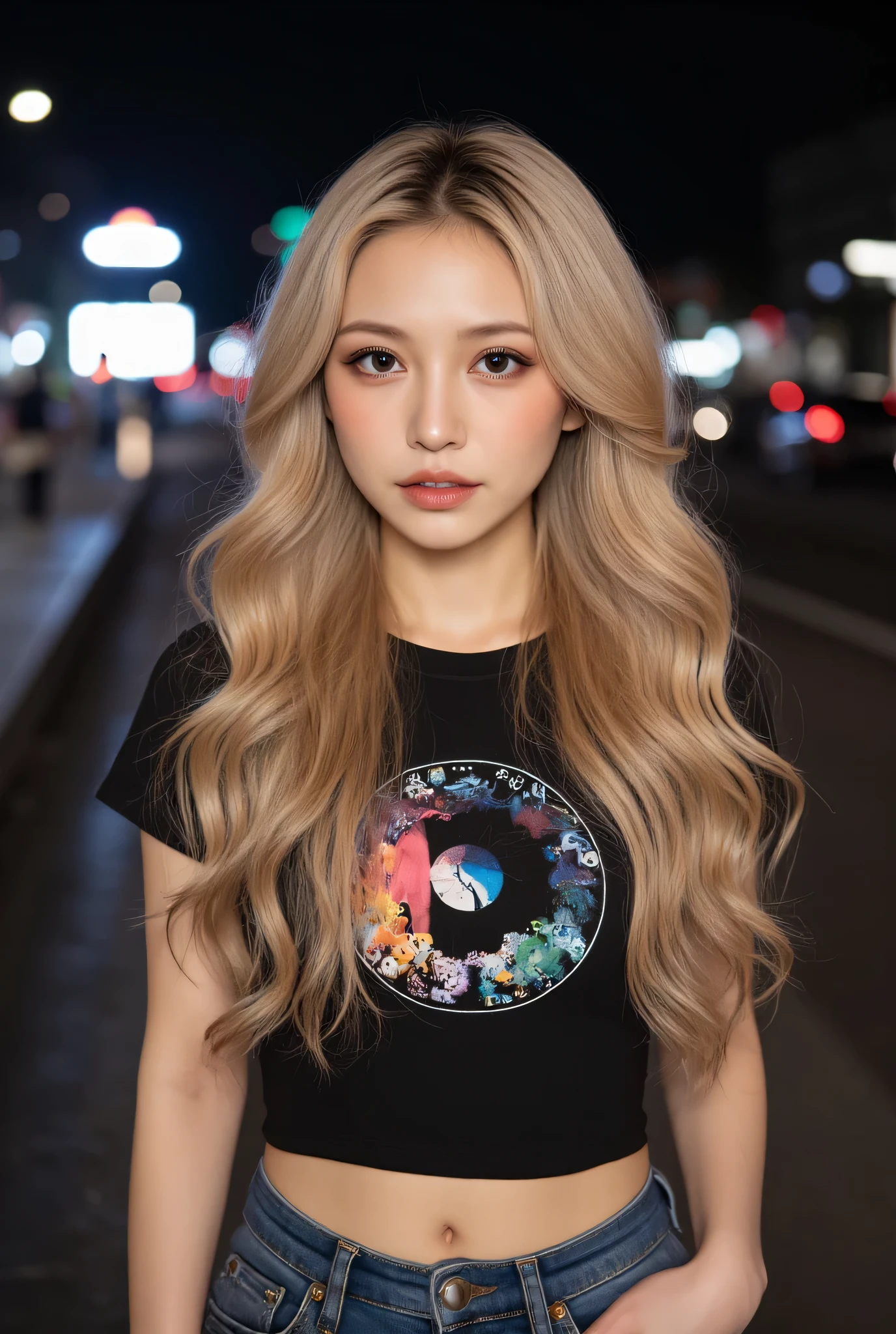 (((ultra highres))),(((extremely detailed))),exceptionally detailed,best quality,8k resolution,meticulous details,photo-realistic,realistic textures,Perfect big eye,( blonde alone:1.2),gal makeup,Dark Makeup Around Eyes,jeans and a T-shirt,with a city nightscape,a confident expression,at a medium distance,a charming smile,accurate anatomy,ultra HD hair,Beautiful ultra-high definition face,ultra HD curls super long hair