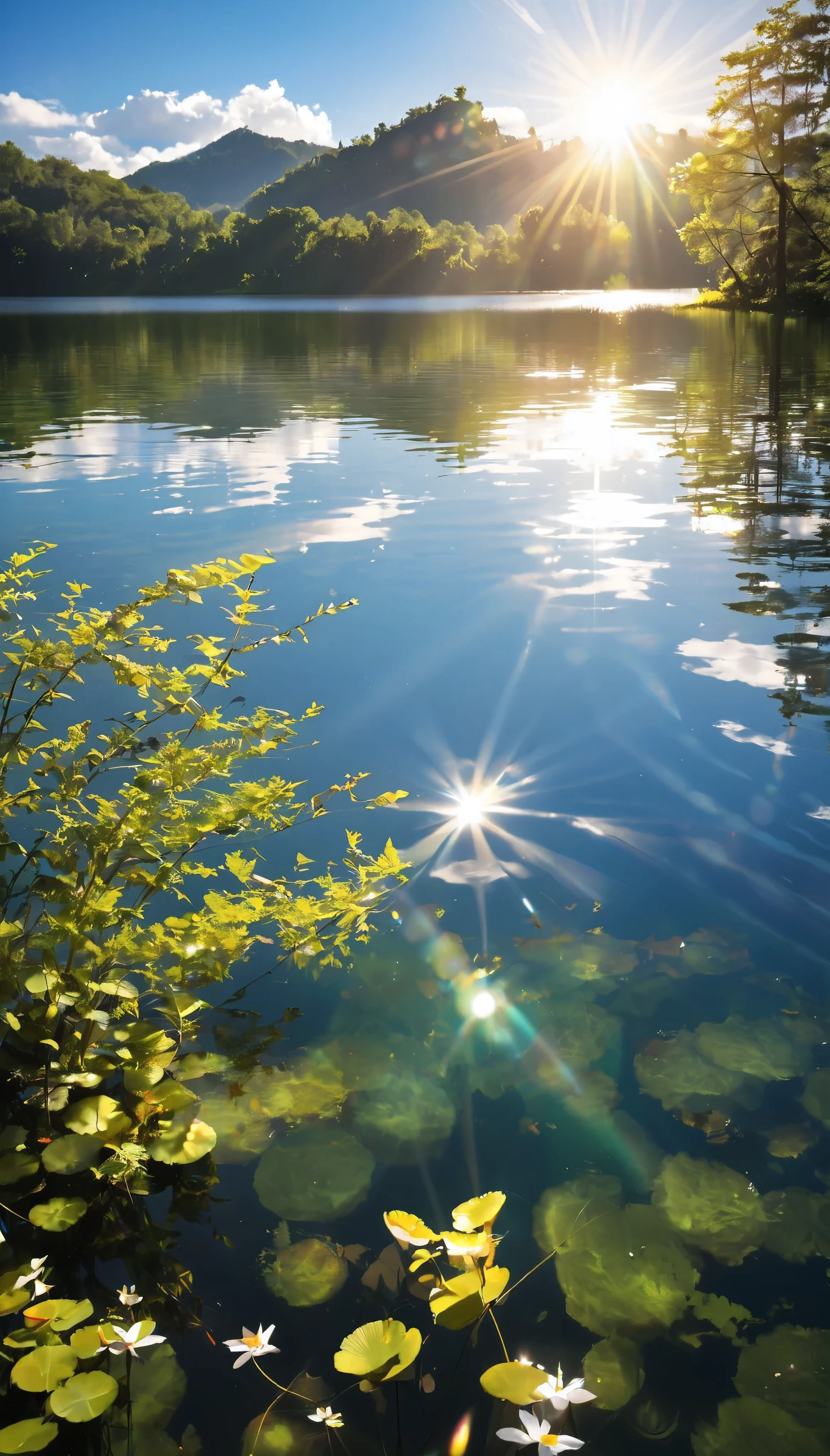 Lake of Silence , silence, The sound of the lake,  horizon , The State of Nothingness,  minimalism, Lake atmosphere,  photographic super transmission treatment , Feel the bottom of the water ,  The vivid scenery colored by sunlight enhances the serenity of the lake, A clear blue heart is projected onto the bottom of the water, Exquisite Aesthetics , Super Retina, full color, ultra fine quality, hires, high-detailed