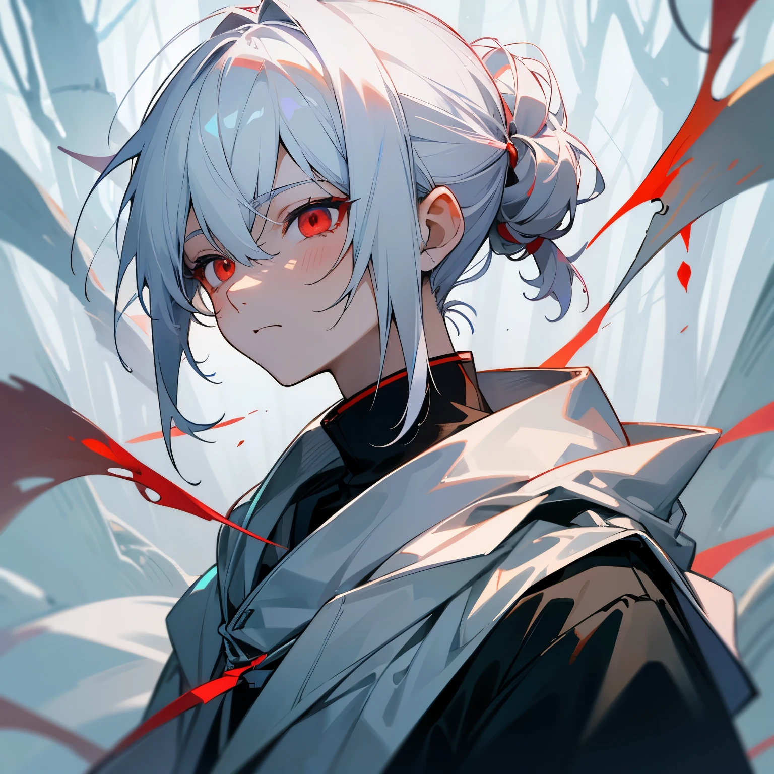 Capture the whole picture、Gray Hair、Photograph from the side、Wield the black sword、Burning red and black flames、Clothes full of scratches、Scarred Face、Battle Scenes、Red-black eyes、Detailed eyes、Eyes with crosses drawn on them、Scorched black clothes、Detailed hands、masterpiece, best quality, detailed beautiful face and eyes,detailed beautiful face,and eyes
