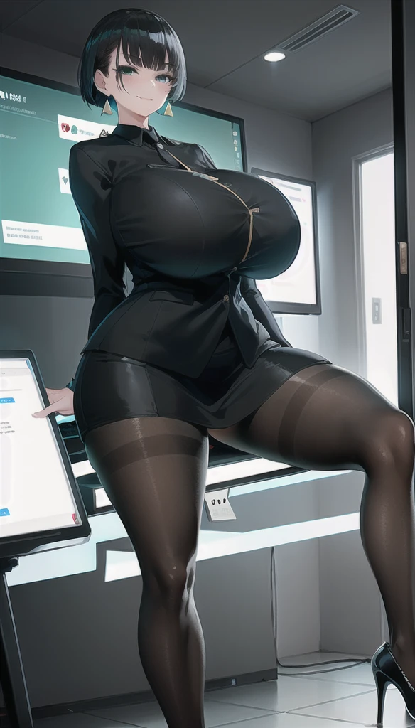 SFW, (Matte texture), (sitting on the chair:1.3), spread legs, 1 Secretary to support the viewer, ALLMIND, smug, naughty smile, (black hair), (short bob), earring, (green eyes), (tall and slim), (sensual body), (stocky build), (gigantic huge breasts), (extremely gigantic thick thigh), gigantic huge hip, narrow waist, (business suit, black shirt, Fastened buttons, tight skirt:1.2), (Pantyhose:1.5),  (Cyber-like computer room with electronics), masterpiece, high quality, high detail