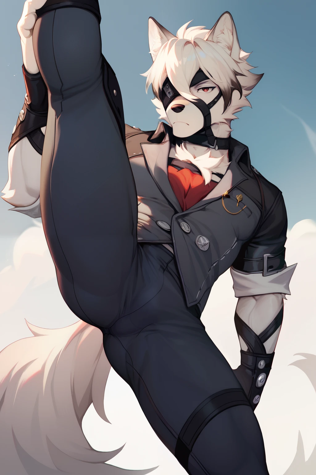  Von Lycaon, Anthropomorphic male furry wolf, wolf ears, muscular body, broad chest, slim waist, High Resolution, Anatomically Correct, Super Detailed, High Details, Short Hair, White Hair, Solo, Full body, high kick, Detailed face, detailed eyes, correct eyes, correct face, eye patch left eye.