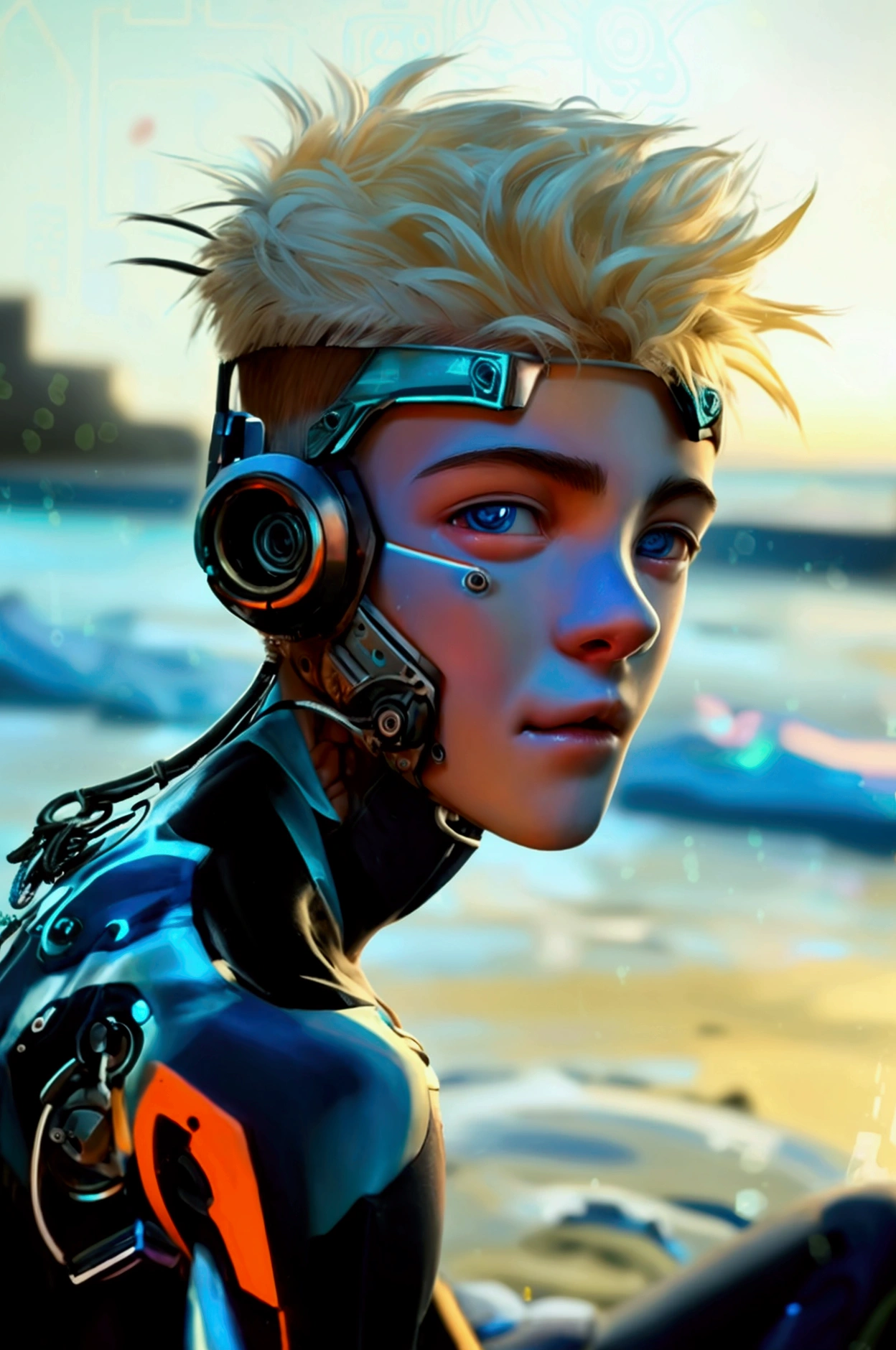 ((An adorable 18yo cute emaciated cyberpunk twink)) surfer male twink with an (((adorable boyish face of Asher Angel))) with bleach-blonde hair. He wears a ((small intricately detailed cyberpunk swim-trunks)). He poses in front of cyberpunk street graffiti. Full body photo. has futuristic cybernetic prosthetic arm. At the beach. ((Not muscular.)) (No cybernetics on his face.