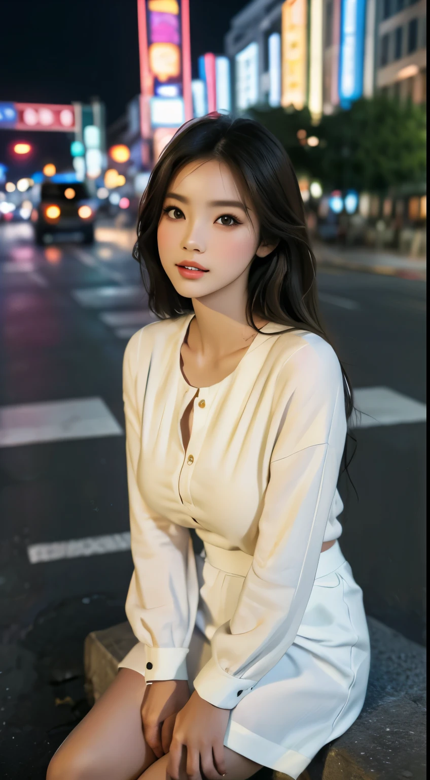 (Best quality,16k,A high resolution,Masterpiece:1.2),Ultra-detailed,(Realistic,Photorealistic,photo-realistic:1.37),Korean fashion beauty,Japanese and Korean beauties,cute and innocent,Detailed eyes and face,beautiful detailed lips,White teeth,Long eyelashes,slimification,fashionable in dressing,Shorts short skirt,Plump upper circumference,Large breasts,(Lovely,Charming:1.1),Colorful street background,Stylish clothes and accessories,The fabric of the clothes is smooth,Portrait style photography,Vivid colors,Street lights.