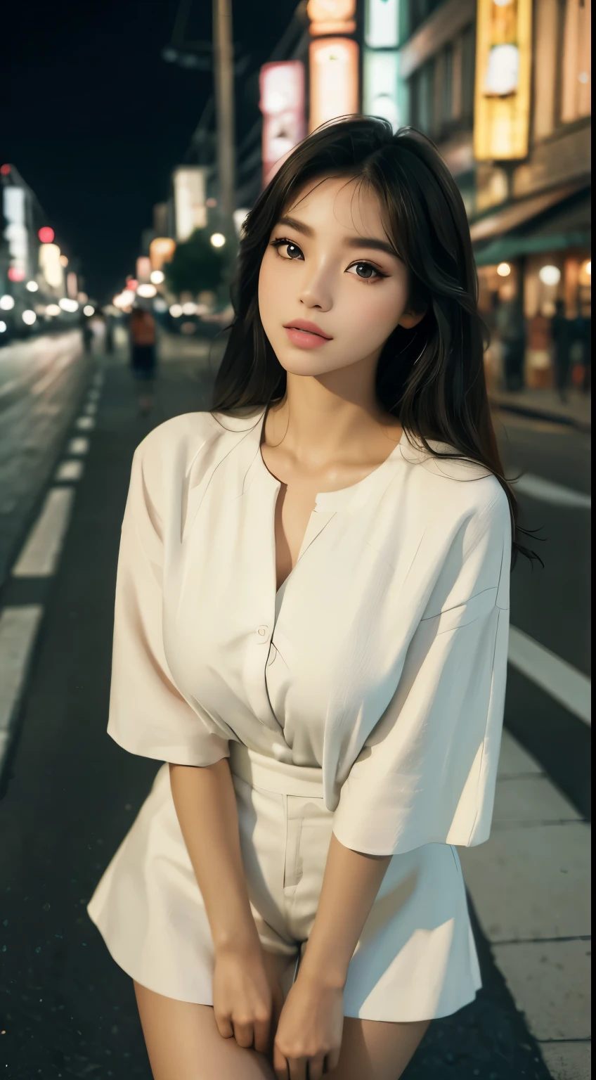 (Best quality,16k,A high resolution,Masterpiece:1.2),Ultra-detailed,(Realistic,Photorealistic,photo-realistic:1.37),Korean fashion beauty,Japanese and Korean beauties,cute and innocent,Detailed eyes and face,beautiful detailed lips,White teeth,Long eyelashes,slimification,fashionable in dressing,Shorts short skirt,Plump upper circumference,Large breasts,(Lovely,Charming:1.1),Colorful street background,Stylish clothes and accessories,The fabric of the clothes is smooth,Portrait style photography,Vivid colors,Street lights.