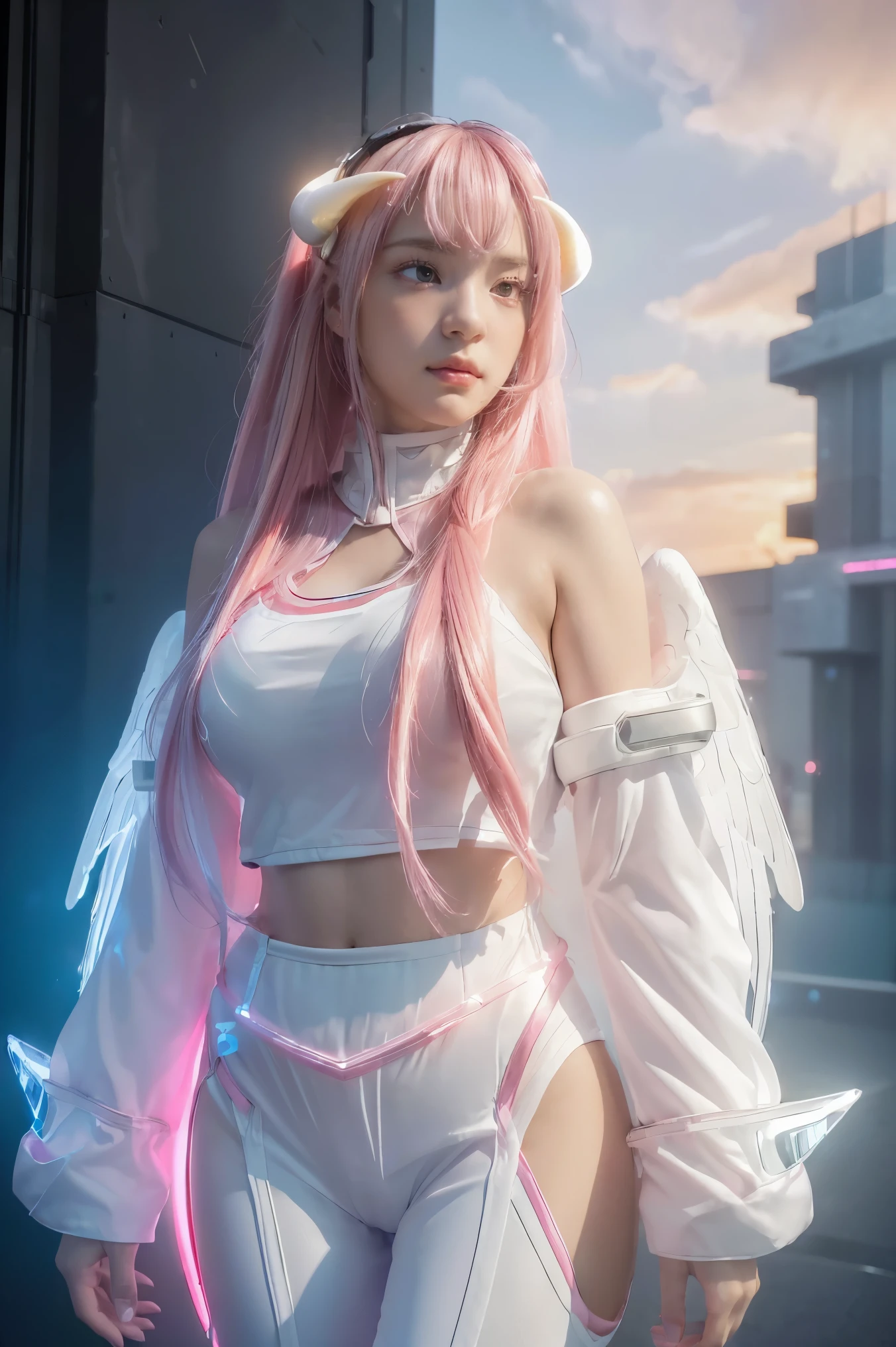 ((masterpiece, best quality, extremely detailed), volumetric lighting, ambient occlusion, colorful, glowing), horns
1girl, solo, young girl, (pink hair), long hair, halo, aura, sacred, goddess, cyber suit, (white outfit:1.3), android, bot, angel wings,
outdoors, sunset, sky, clouds, space, (cyberpunk theme:1.2),