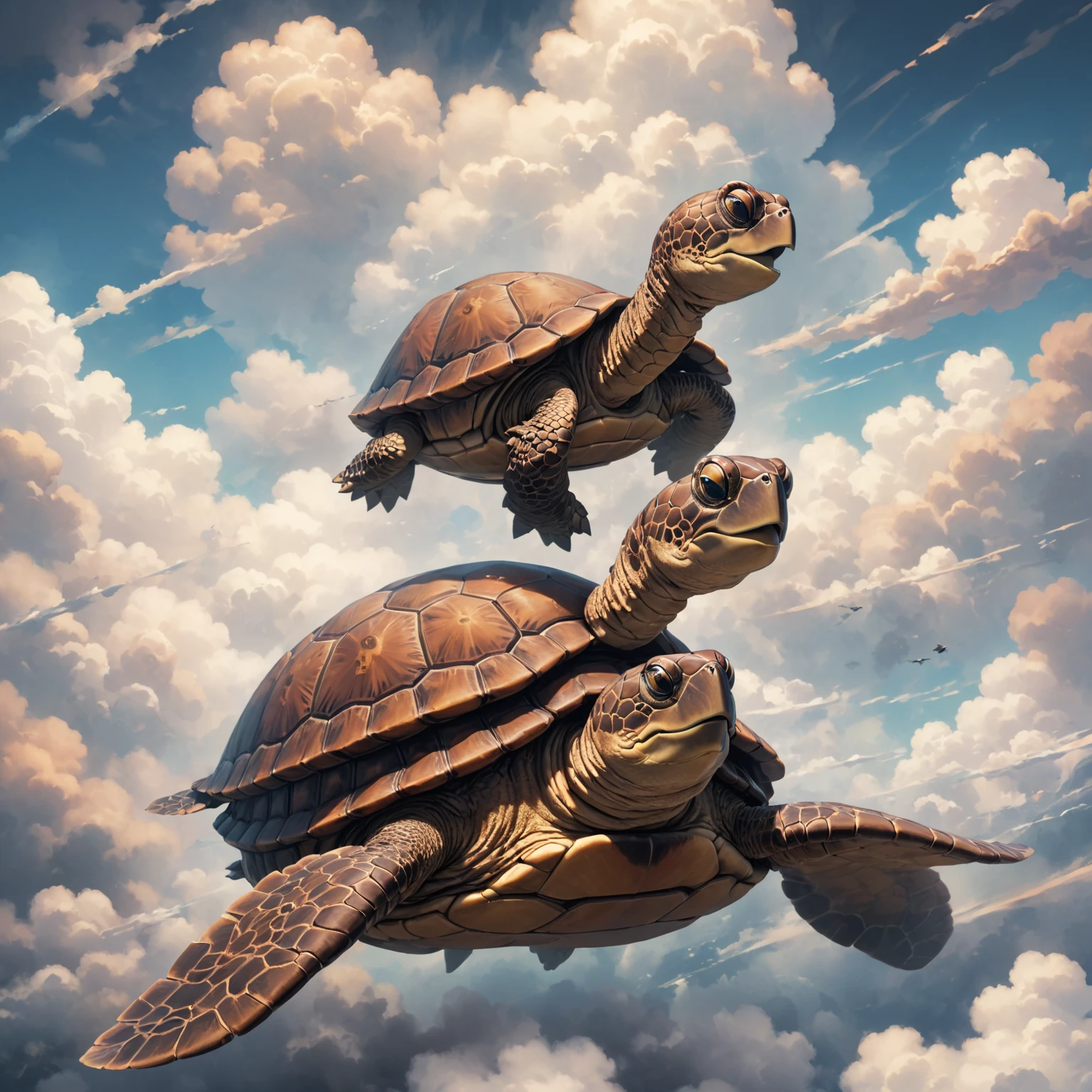 A turtle in the clouds.umigame, brown turtle, black eyes.retro artstyle.riding umigame, (your subject and position), brown turtle.