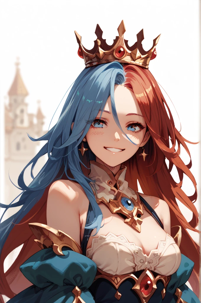  1 girl, Long Hair, smile, red hair and blue hair　I'm wearing a crown on my head