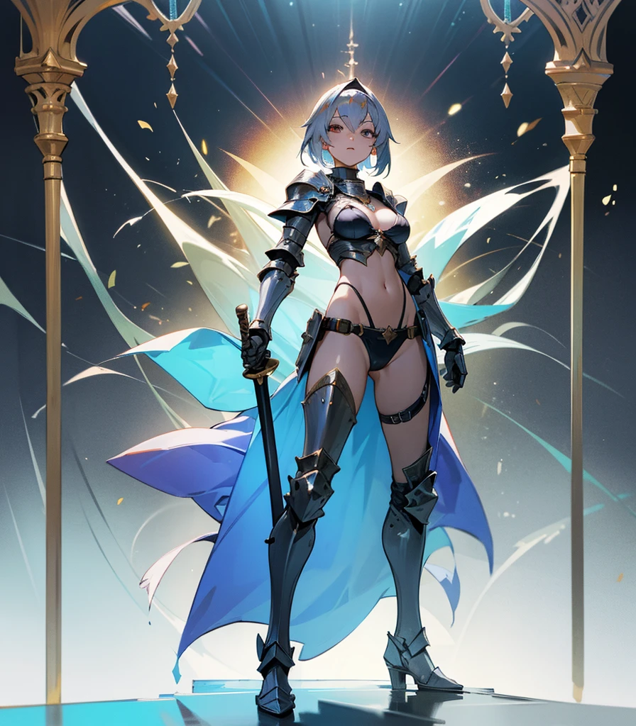 (((masterpiece, best quality, high detailed, 8k))) Design a layout showcase Gaming character, (1girl). Black|Gold clothes, stylish and unique. ((showcase weapon:1.4)), dark scythe. (masterpiece:1.2), (best quality), 4k, ultra-detailed. (Step by step design, layout art:1.5), (luminous lighting, atmospheric lighting). necromancer, ((glove full hands)), (((revealing clothes:1.3))), vambraces, armored legwear, (((full_body_shot:1.4))). {In a haunted graveyard}.