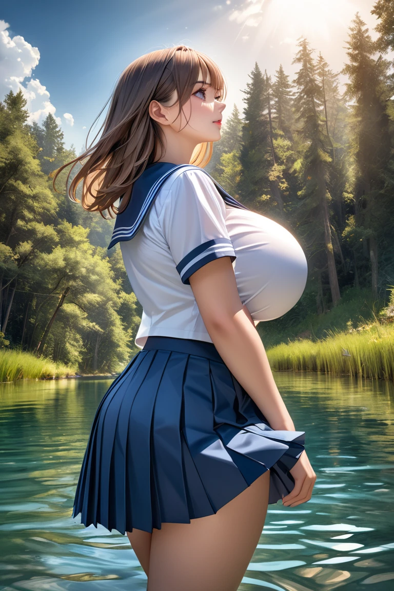 ((beautiful anime eyes with fine detail)), (((very cute, 1girl))), ((solo)), (()), (big breast:1.8), nsfw, ((beautiful anime eyes with fine detail)), (smile:1.3), realistic skin, ((((sailor suit)))), nipples, ((suit lift)), (Navy blue pleated mini skirt), onsen, (steam:1.3), be deeply submerged, japanese hot spring,Mt.Fuji