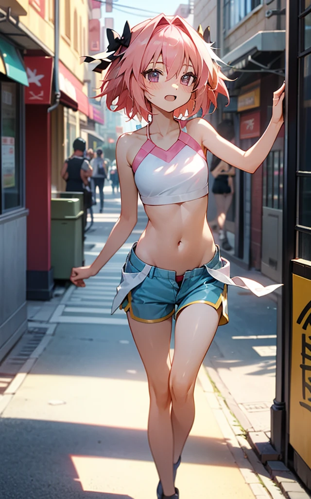 astolfo A vibrant city street during the day, with a youthful and androgynous character who has a striking feminine appearance walking confidently. The character wears pastel-colored girly shorts and a cute crop top,astolfo  wearing a cutegirly outfitwith the outfit highlighting a slim waist and exposed belly button. Their expression exudes playfulness and charm. The street is bustling with life, featuring modern urban architecture, colorful storefronts, and warm sunlight casting subtle shadows. The character's hair is soft and flowing, styled to complement their delicate, expressive face, embodying a blend of elegance and youthful energy - astolfo, girly dhorts, croptop, 8k image, high resolution, nsfw, high details, best image ever